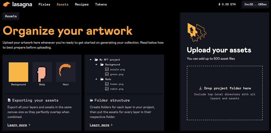 Upload assets page