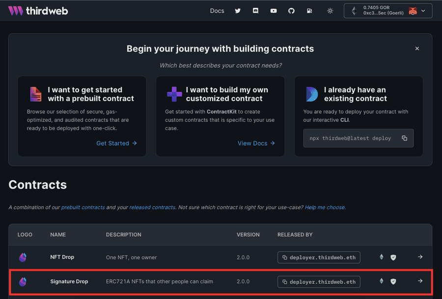 thirdweb contracts page